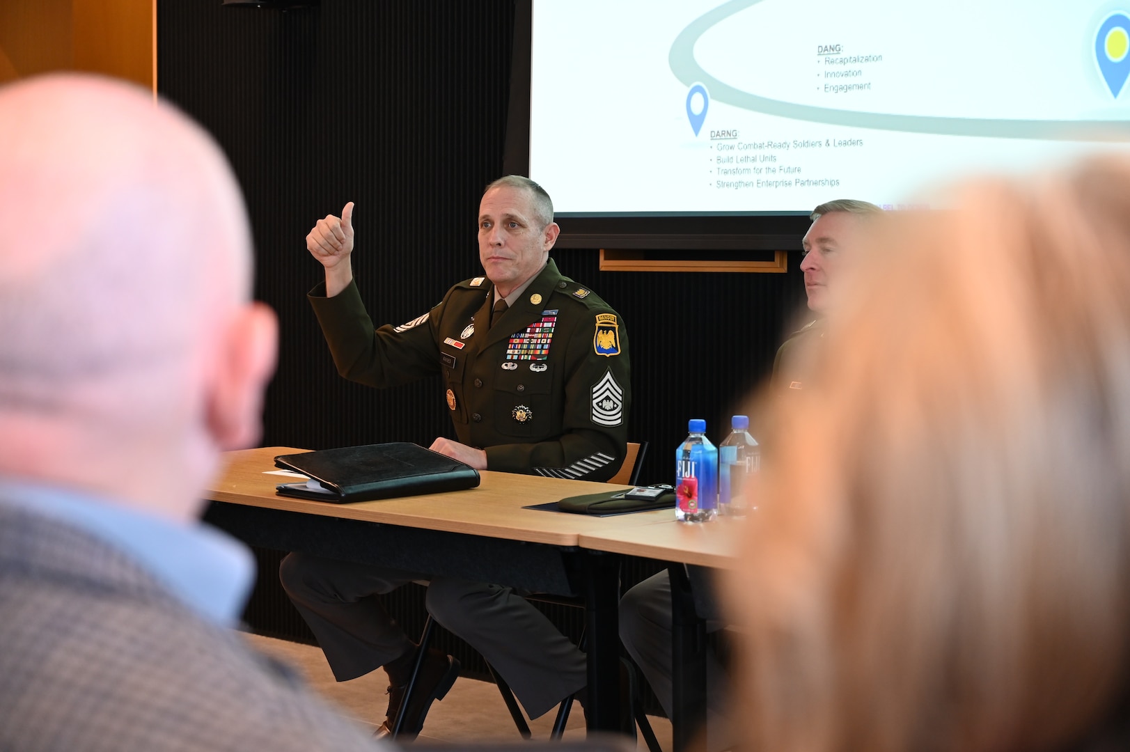 Senior Enlisted Advisor John Raines, the senior enlisted advisor to the chief of the National Guard Bureau, speaks during an Enlisted Association of the National Guard event in Washington Feb. 24, 2025. Senior enlisted leaders representing more than 430,000 Soldiers and Airmen shared insights and discussed priorities during a leadership panel.