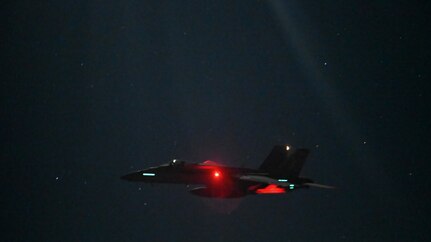 A U.S. Navy F/A-18 Super Hornet flies over the U.S. Central Command area of responsibility during routine operations, Jan. 7, 2025.