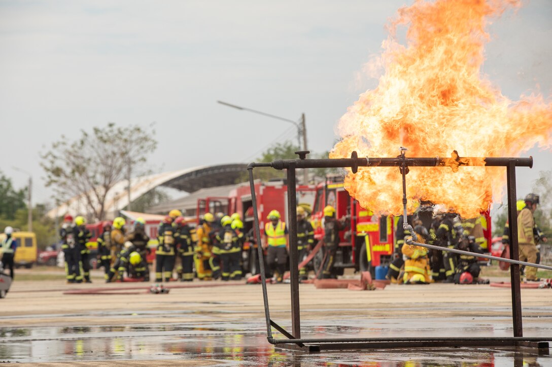 U.S. Armed Forces, alongside Thai and other multinational forces, conduct fire and rescue training during exercise Cobra Gold 25 at the Disaster Relief Training Center in Cha Choeng Sao, Thailand, Feb. 26, 2025.