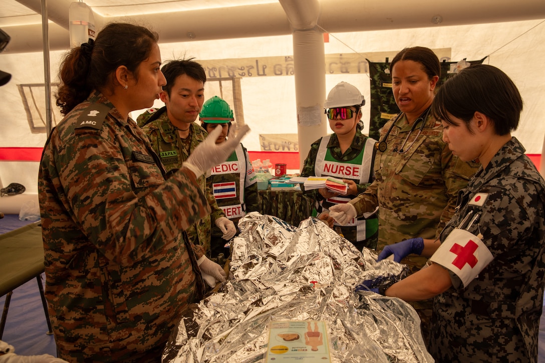 U.S. Armed Forces, alongside Thai and other multinational forces, rehearse lifesaving procedures during disaster relief training as part of exercise Cobra Gold 25 at the Disaster Relief Training Center in Cha Choeng Sao, Thailand, Feb. 26, 2025.