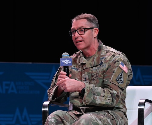 A Space Force leader speaks on a panel.