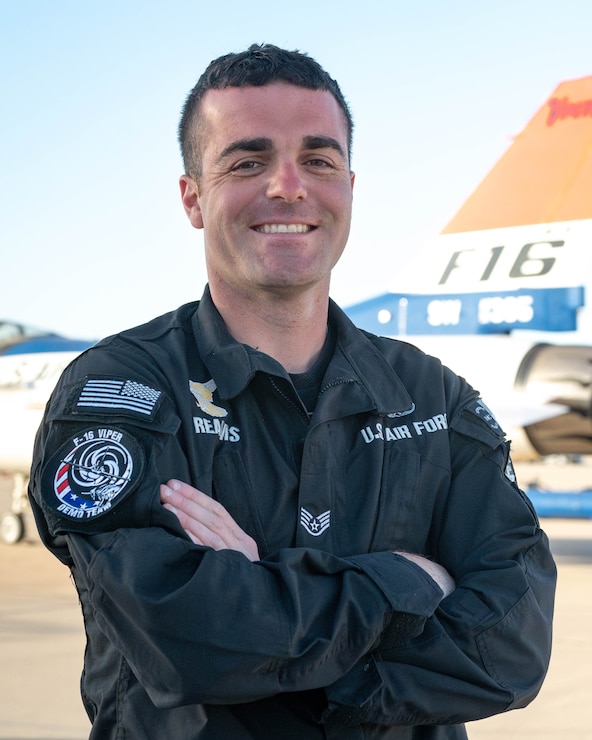 A member of the F-16 Viper Demonstration Team poses for a photo.