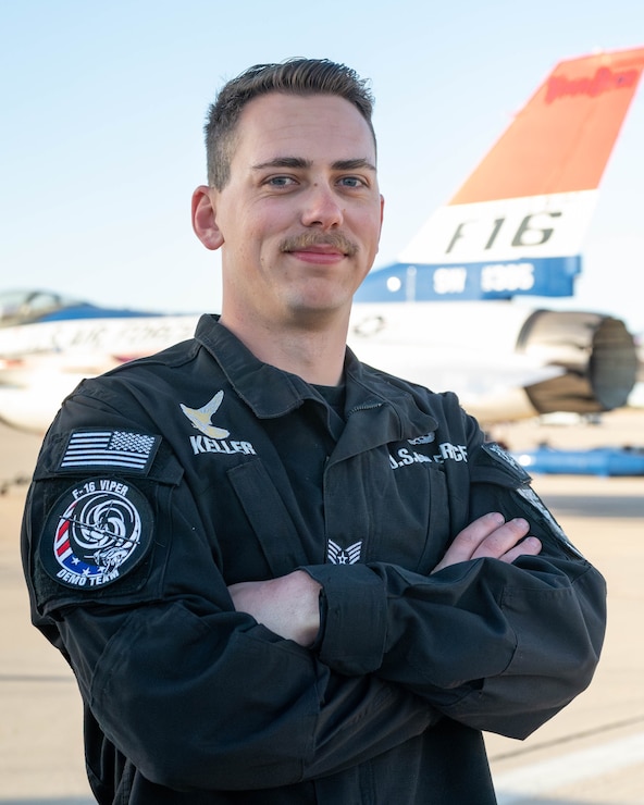 A member of the F-16 Viper Demonstration Team poses for a photo.
