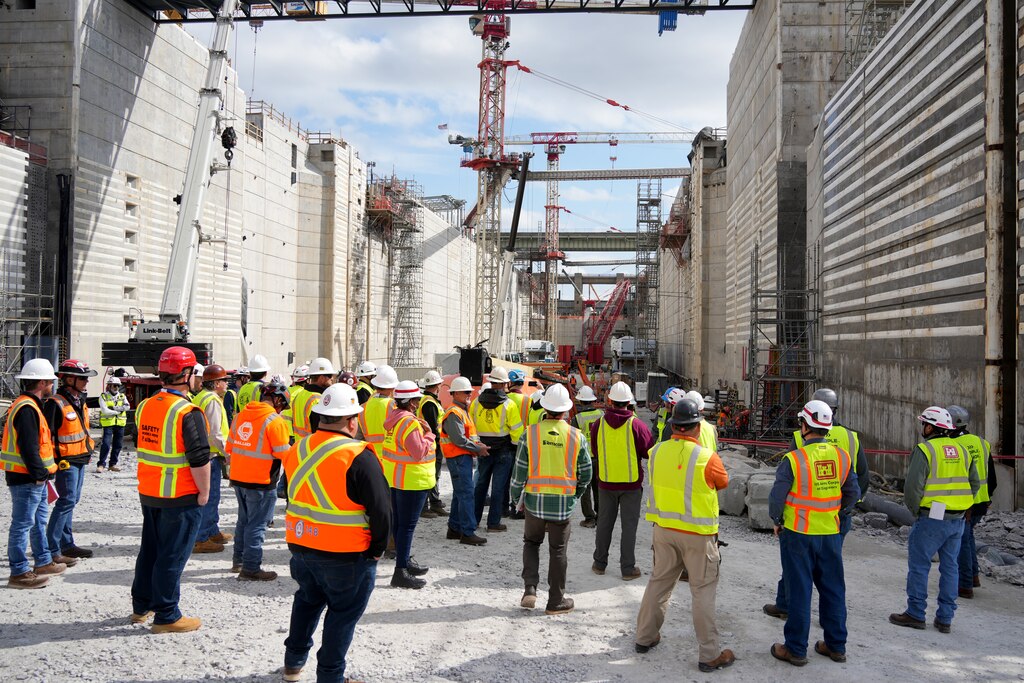 A group of contractors and subcontractors tour the Chickamauga Lock Replacement Project during a pre-proposal site visit, March 4, 2025, in Chattanooga, Tennessee.