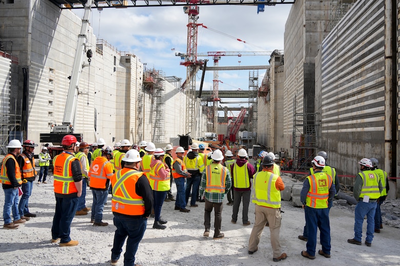 A group of contractors and subcontractors tour the Chickamauga Lock Replacement Project during a pre-proposal site visit, March 4, 2025, in Chattanooga, Tennessee.