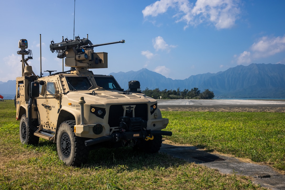 A U.S. Marine Corps Marine Air Defense Integrated System with 3d Littoral Anti-Air Battalion, 3d Marine Littoral Regiment, 3d Marine Division, stands in position during a training exercise on Marine Corps Base Hawaii, Feb. 13, 2025. The goal of the training was to construct and maneuver a point of defense with the Marine Air Defense Integrated System, aiming to protect critical assets in 3d MLR. (U.S. Marine Corps photo by Cpl. Jonathan Beauchamp)