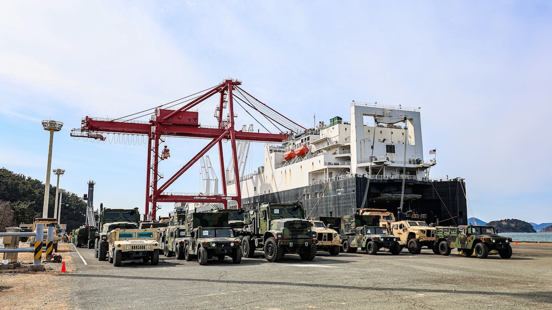 U.S. Marine Corps maritime prepositioning force assets from the USNS Dahl are staged after a pier-side offload Feb. 21 during Freedom Banner 25 at the Chinhae Naval Ammunition Pier, Republic of Korea Naval Base Chinhae, South Korea. (Official U.S. Marine Corps Photo/Cpl. Nicholas Martinez)