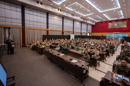 Staff officers participating in Cobra Gold gathered to be briefed about the scenario that will play out for Exercise Cobra Gold 2025 in Camp Suranaree, Thailand, Feb. 26, 2025.
