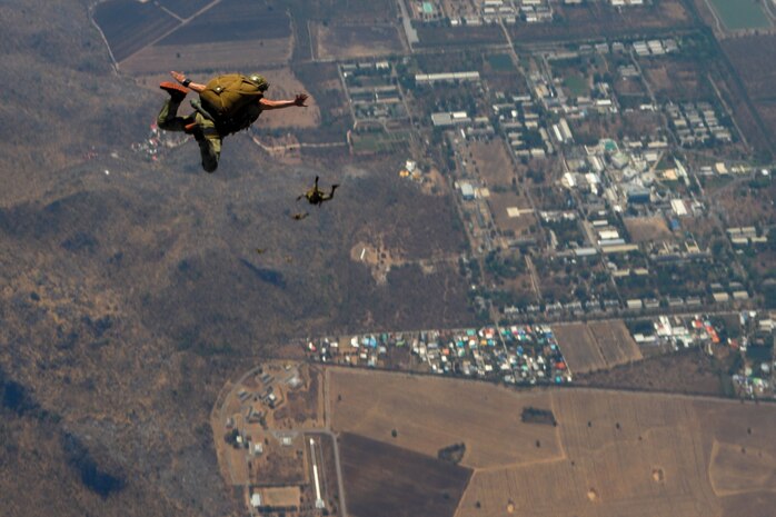 Air Commandos from the 353rd Special Operations Wing perform a military free-fall near Lop Buri, Thailand, Feb. 27, 2025, during Exercise Cobra Gold.