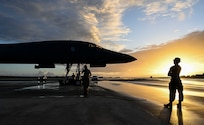 U.S. Air Force maintainers assigned to the 34th Expeditionary Bomb Squadron, Ellsworth Air Force Base, S.D., prepare a B-1B Lancer for a training mission in support of Bomber Task Force 25-1 at Andersen Air Force Base, Guam, Mar. 4, 2025.