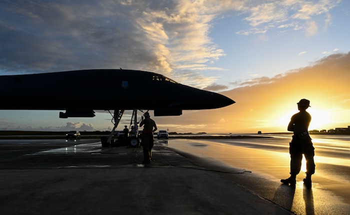 U.S. Air Force maintainers assigned to the 34th Expeditionary Bomb Squadron, Ellsworth Air Force Base, S.D., prepare a B-1B Lancer for a training mission in support of Bomber Task Force 25-1 at Andersen Air Force Base, Guam, Mar. 4, 2025.