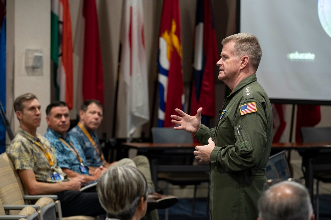 Adm. Samuel J. Paparo, commander of U.S. Indo-Pacific Command, addresses participants of the Comprehensive Security Cooperation 25-1 Course at the Daniel K. Inouye Asia-Pacific Center for Security Studies in Honolulu, March 5, 2025.