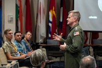 Adm. Samuel J. Paparo, commander of U.S. Indo-Pacific Command, addresses participants of the Comprehensive Security Cooperation 25-1 Course at the Daniel K. Inouye Asia-Pacific Center for Security Studies in Honolulu, March 5, 2025.