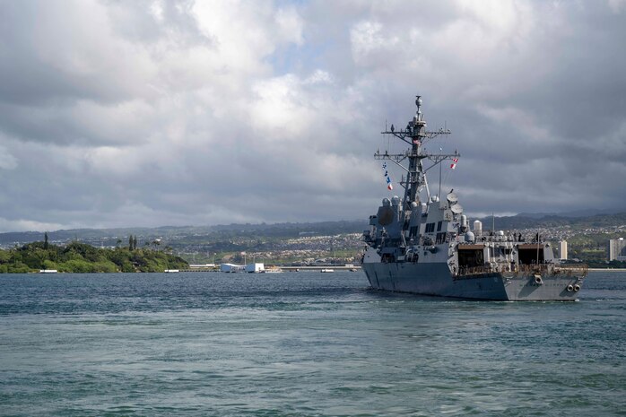 The Arleigh Burke-class guided-missile destroyer USS Michael Murphy (DDG 112) gets underway from Joint Base Pearl Harbor-Hickam in preparation for exercise Black Widow 2025, March 3, 2025.