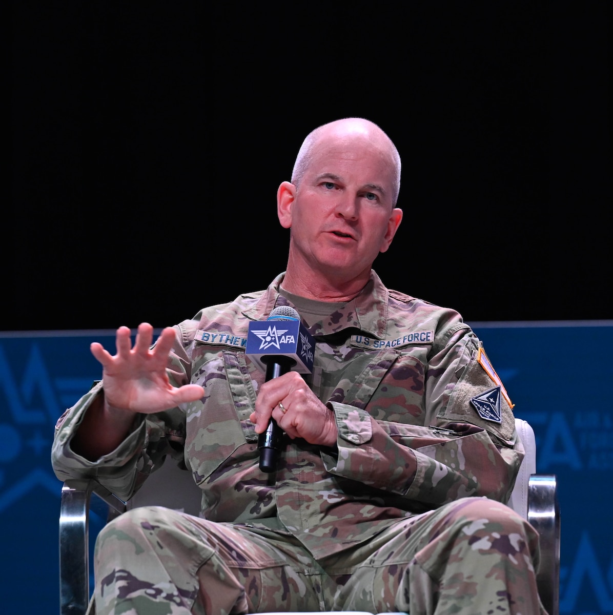 Maj. Gen. Dennis O. Bythewood speaks during a discussion panel at the Air and Space Forces Association Warfare Symposium