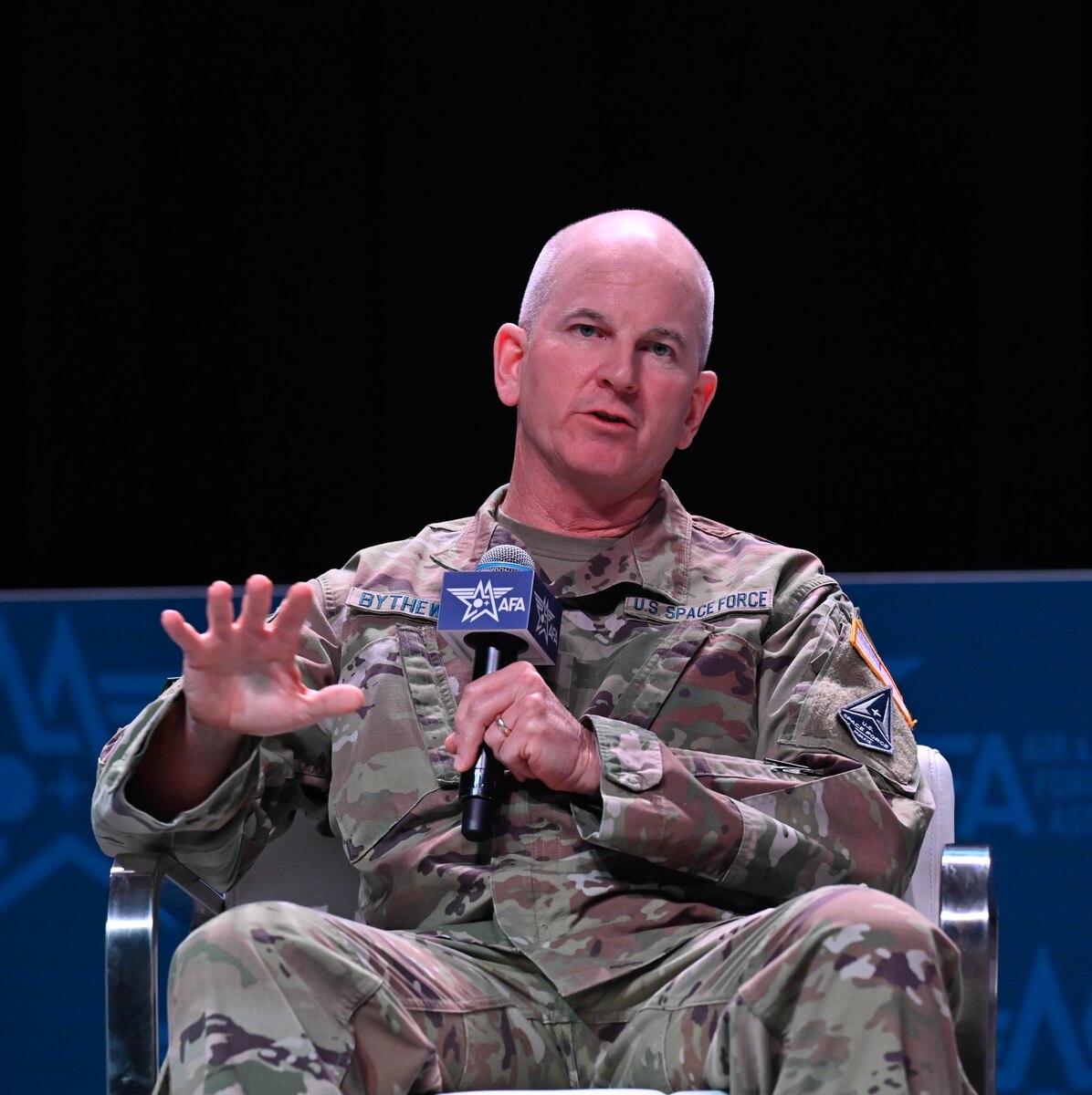 Maj. Gen. Dennis O. Bythewood speaks during a discussion panel at the Air and Space Forces Association Warfare Symposium