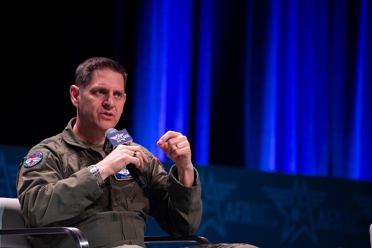 Maj. Gen Joseph Kunkel, director of Force Design, Integration, and Wargaming, speaks at the Air and Space Forces Association Warfare Symposium in Aurora, Colo., March 4, 2025. Kunkel joined a discussion which focused on the Air Force's force design. (U.S. Air Force photo by Staff Sgt. Adam R. Shanks)