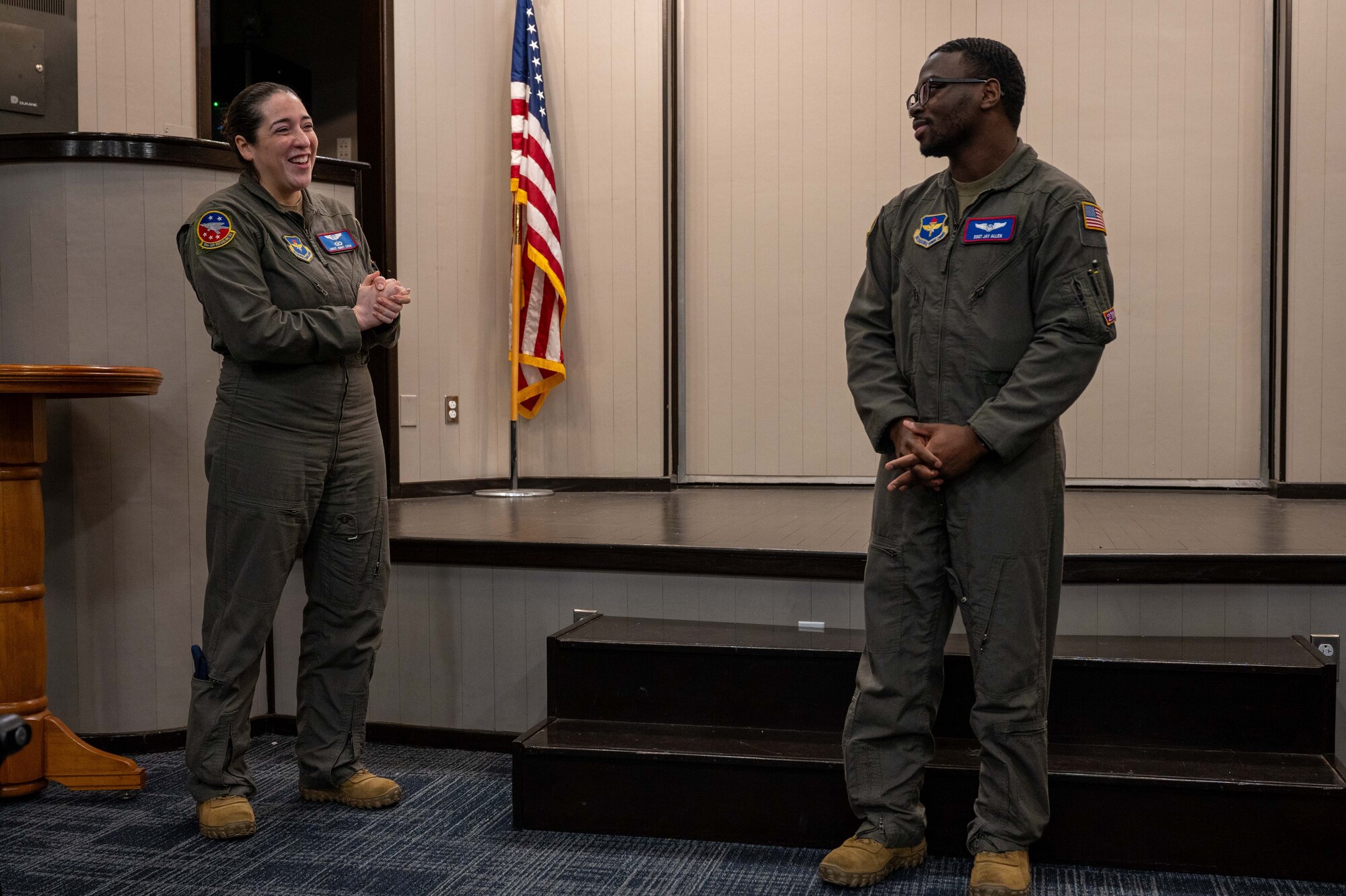 U.S. Air Force Master Sgt. Jenny Cook, 54th Air Refueling Squadron (ARS) instructor boom operator superintendent, speaks on behalf of her troop, Staff Sgt. Jaden Allen, 54th ARS instructor boom operator, at Altus Air Force Base, Oklahoma, Feb. 27, 2025. Allen joined the Air Force in August 2019. (U.S. Air Force photo by Senior Airman Kari Degraffenreed)