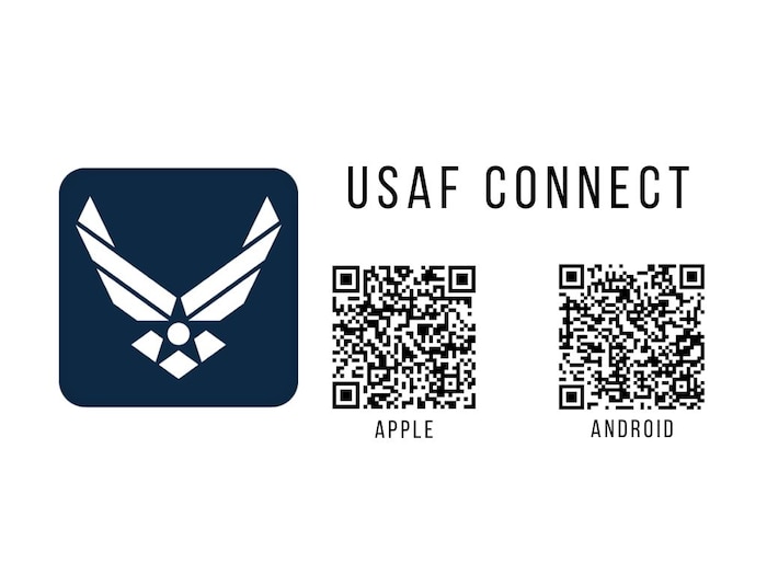 This graphic serves as a download link for the U.S. Air Force Connect app for Apple and Android devices.