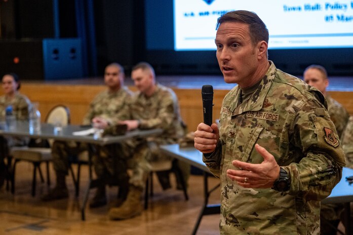 U.S. Air Force Col. Paul Davidson, 35th Fighter Wing commander, talks about new executive orders during a town hall at Misawa Air Base, Japan, March 5, 2025.