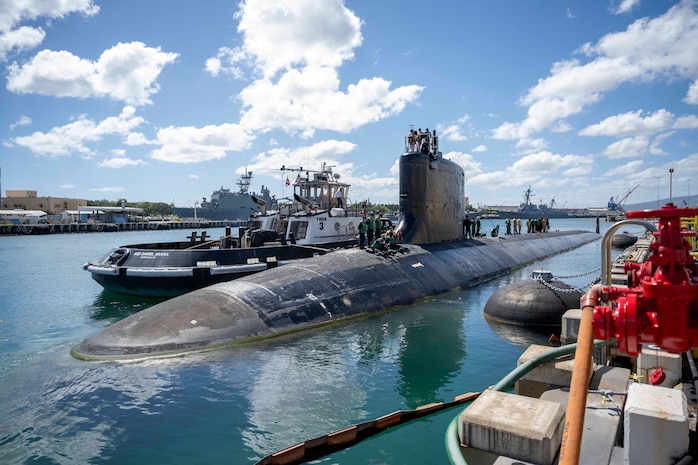 250303-N-EI510-1144 JOINT BASE PEARL HARBOR-HICKAM (March 3, 2025) — The Virginia-class fast-attack submarine USS Montana (SSN 794) gets underway from Joint Base Pearl Harbor-Hickam in preparation for exercise Black Widow 2025, March 3, 2025. Black Widow is the premier tactical development exercise for U.S. undersea warfare forces, which integrates submarines, surface ships, and aircraft into a cohesive multi-domain team to track and engage simulated adversary submarines. (U.S. Navy photo by Mass Communication Specialist 1st Class Scott Barnes)
