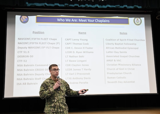 Lt. j.g. Anthony Davis, chaplain, Naval Support Activity (NSA) Bahrain, presents during the Mental Health Campaign at NSA Bahrain, March 4. NSA Bahrain enables the forward operations and responsiveness of U.S. and allied forces in support of the Navy Region Europe, Africa, Central mission to provide services to the fleet, warfighter and family. (U.S. Navy photo by Mass Communication Specialist 1st Class Shayla D. Hamilton)