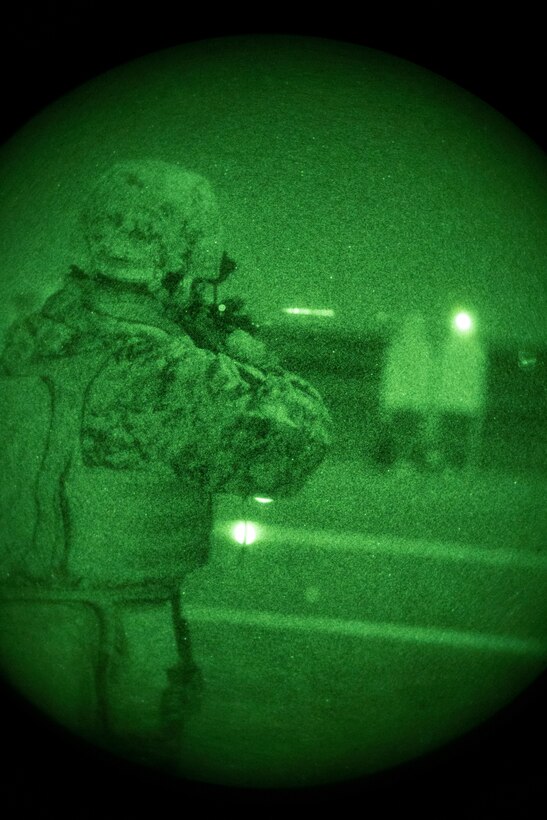 U.S. Marine Corps Lance Cpl. Joshua Guevarra, a radio operator with II Marine Expeditionary Force Support Battalion, II MEF Information Group, conducts a low-light live fire range during a battalion field exercise at Marine Corps Base Camp Lejeune, North Carolina, Jan. 7, 2025. The battalion FEX was designed to increase proficiency in individual and crew-served marksmanship, basic combat skills and improve chemical, biological, radiological, and nuclear readiness. (U.S. Marine Corps photo by Sgt. Jacquilyn Davis)