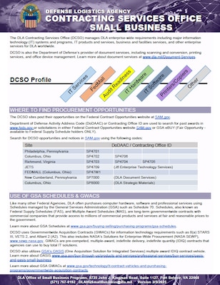 DCSO brochure provides procurement opportunities, GSA schedules & GWACS, primary contract vehicles, and top NAICS.