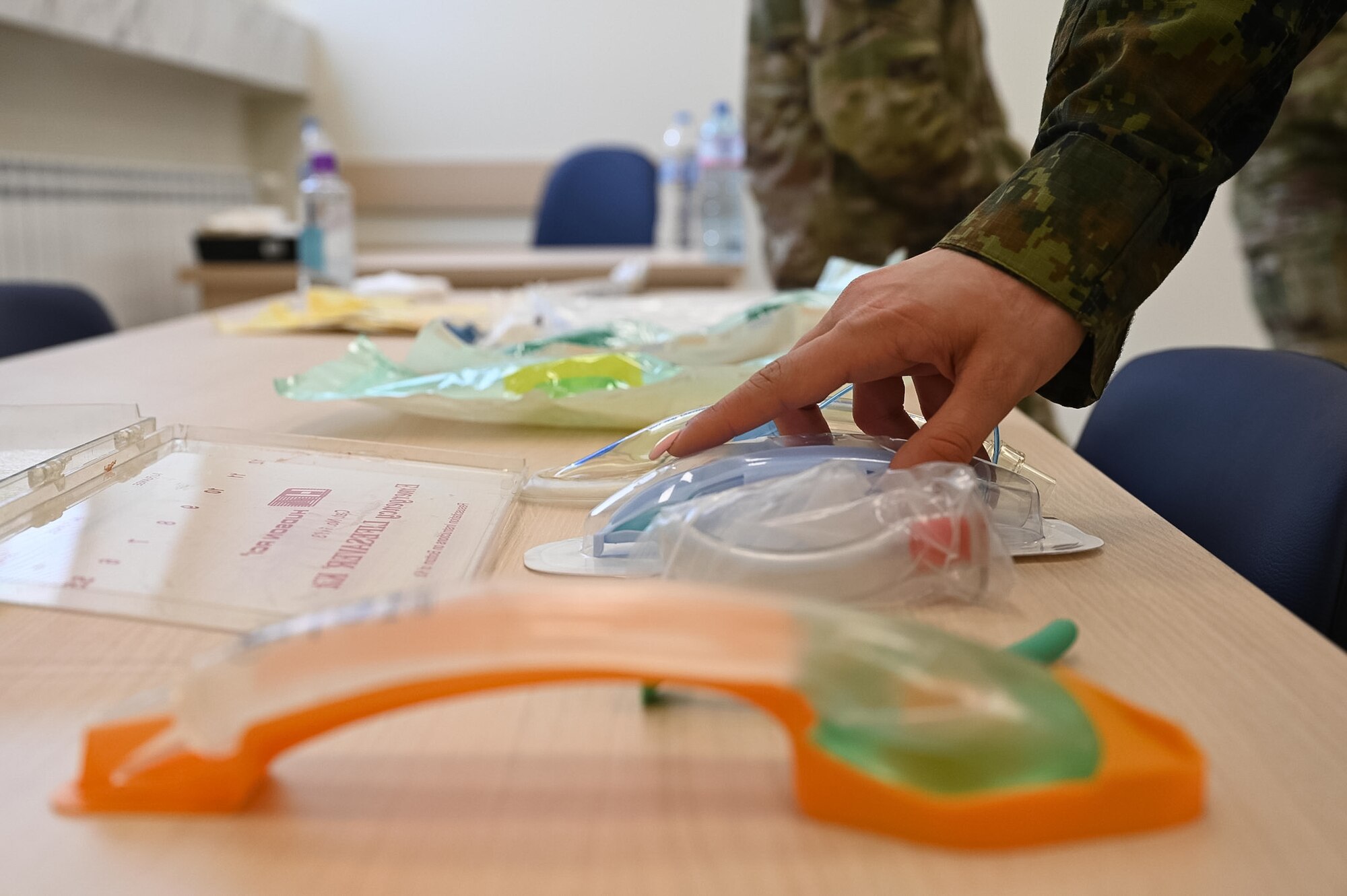 Medical equipment is laid out at an intubation station