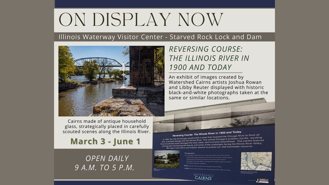 A graphic with images from the Reversing the Course art exhibit on display at the Illinois Waterway Visitor Center.