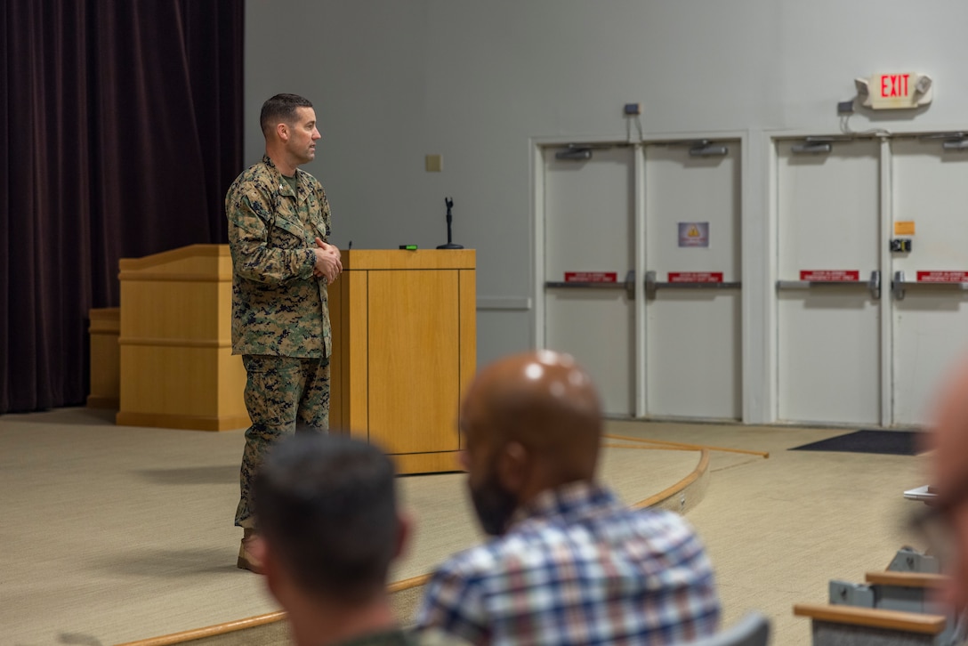 U.S. Marine Corps Col. Kenneth Jones, fires and effects coordinator, II Marine Expeditionary Force (II MEF), briefs Marines, Sailors, and NATO allies prior to the execution of Joint Task Force Exercise 25 (JTFEX 25) at Marine Corps Base Camp Lejeune, North Carolina, Feb. 27, 2025. JTFEX 25 enhances II MEF command element staff across all warfighting functions at the operational level of war in order to exercise the II MEF warfighting construct as a Marine Air-Ground Task Force. (U.S. Marine Corps photo by Lance Cpl. John Allen)