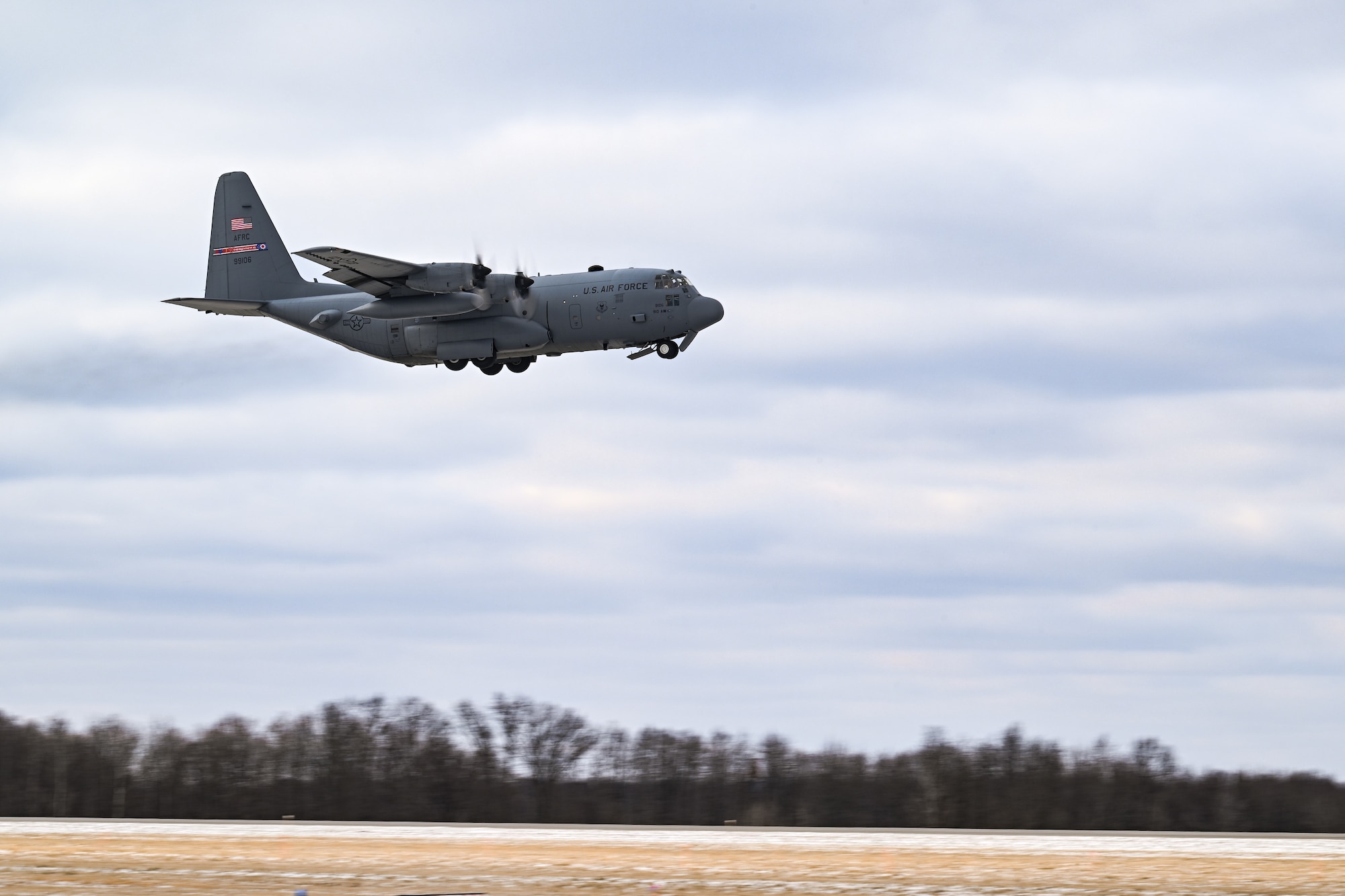 Col. Michael Maloney, 910th Airlift Wing commander, takes off for his “fini-flight” at Youngstown Air Reserve Station, Ohio, March 2, 2025.