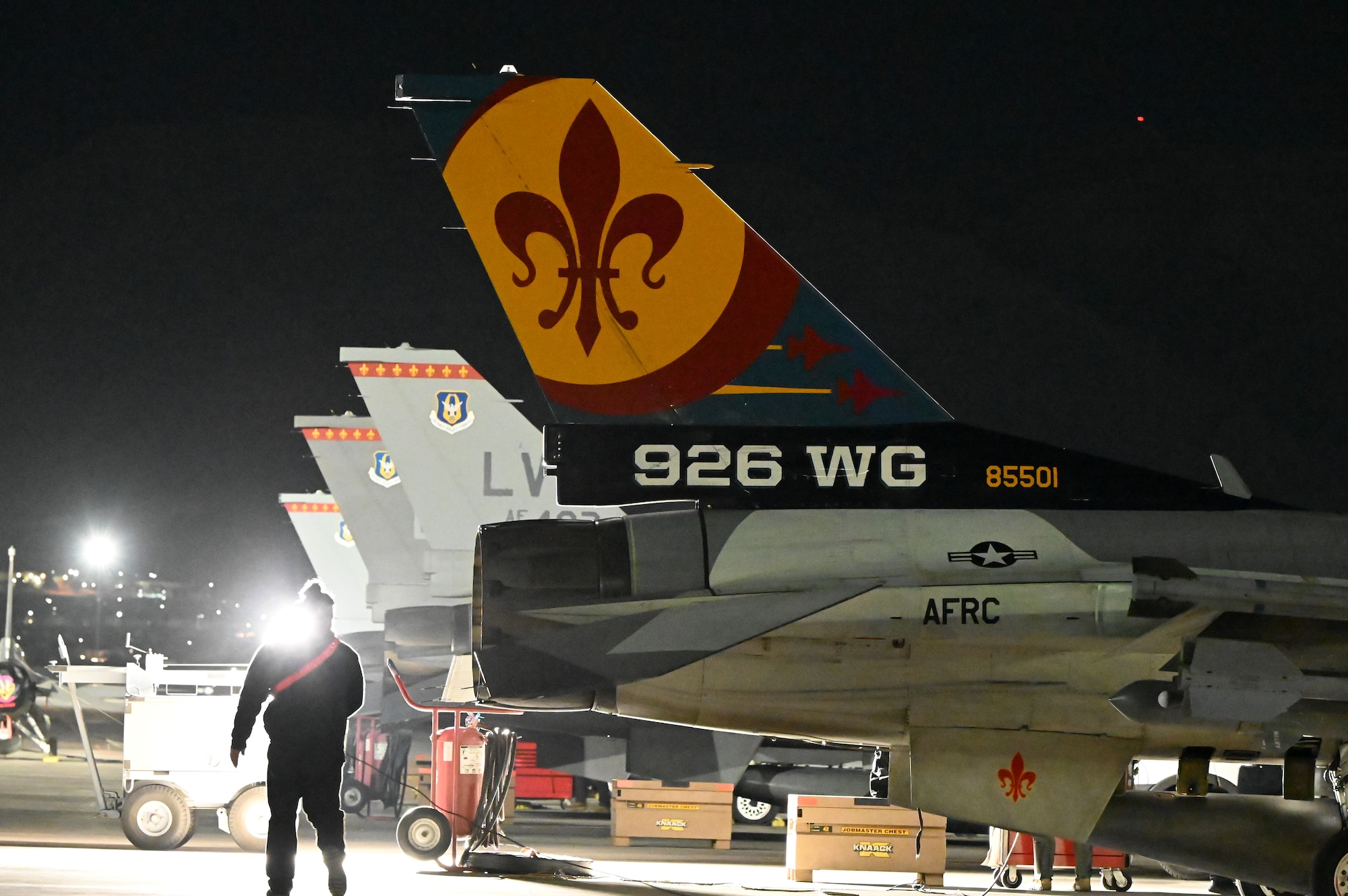 U.S. Air Force F-16 Fighting Falcons assigned to the 706th Aggressor Squadron, Nellis Air Force Base (AFB), Nevada, are staged on the flightline during Red Flag-Nellis 25-1, Jan. 30, 2025, at Nellis AFB, Nevada.