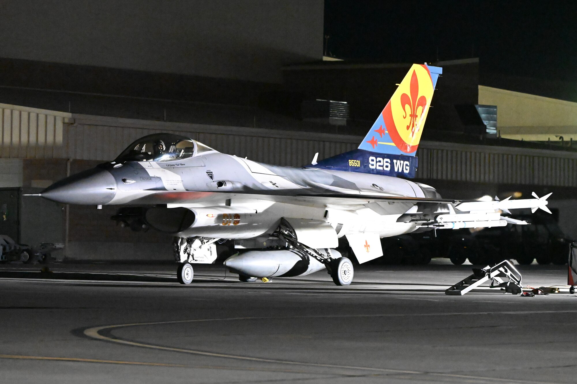 A U.S. Air Force F-16 Fighting Falcon assigned to the 706th Aggressor Squadron, Nellis Air Force Base (AFB), Nevada, prepares for a night mission during Red Flag-Nellis 25-1, Jan. 30, 2025, at Nellis AFB, Nevada.
