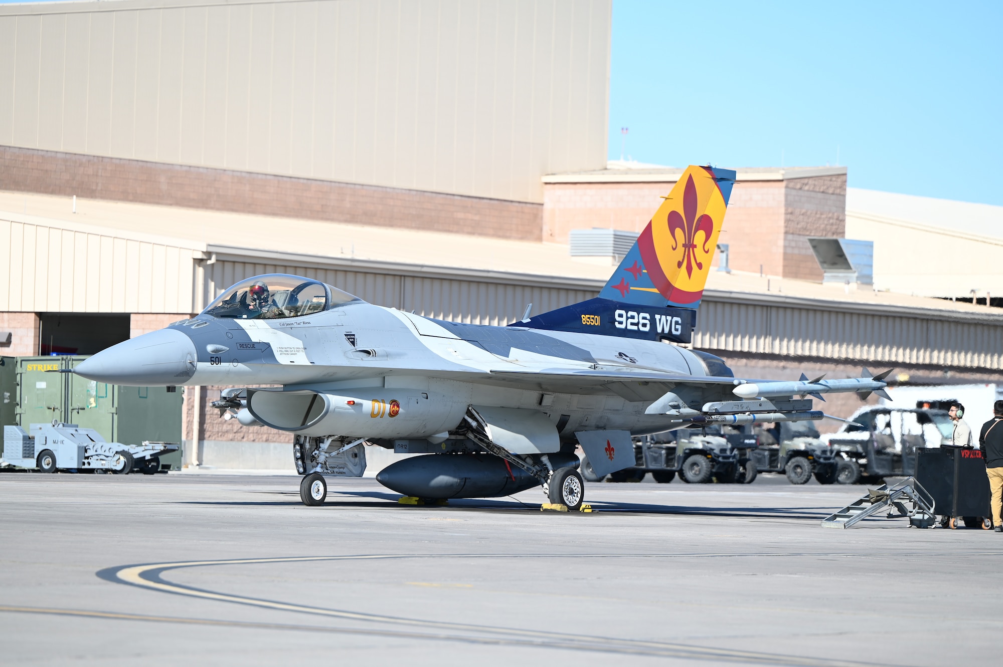 A U.S. Air Force F-16 Fighting Falcon assigned to the 706th Aggressor Squadron, Nellis Air Force Base (AFB), Nevada, prepares for a mission during Red Flag-Nellis 25-1, Jan. 29, 2025, at Nellis AFB, Nevada.