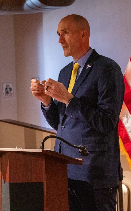 Terry Prince, Director, Illinois Department of Veterans Affairs, talks about his service in the U.S. Navy during Desert Storm during the IDVA’s Operation Desert Storm Remembrance Ceremony Feb. 28 at the Illinois State Military Museum in Springfield. Feb. 28 marked the 34th anniversary of the end of Desert Storm, in which 18 Illinois service members would make the ultimate sacrifice.