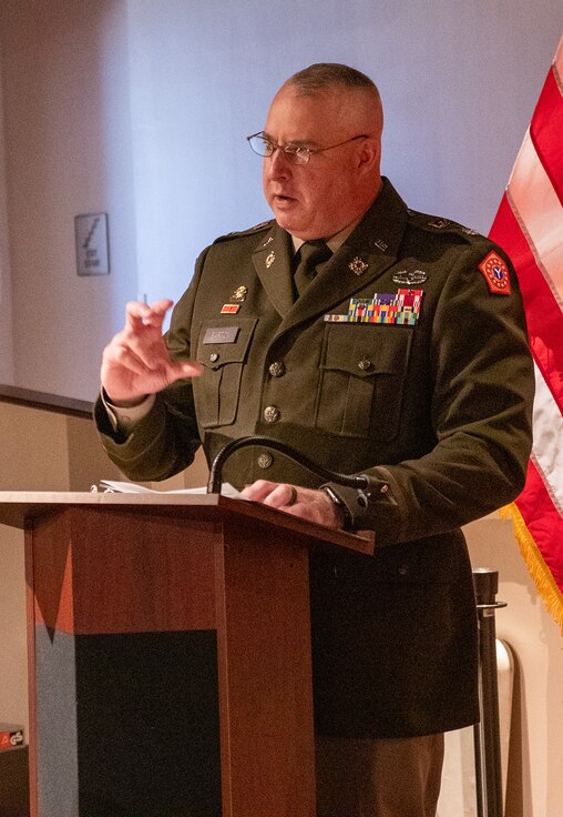 Lt. Col. Michael Barton, Deputy Chief of Staff for Personnel, Illinois Army National Guard, shares a story of watching Desert Storm unfold on cable television during the Illinois Department of Veterans Affairs’ Desert Storm Remembrance Ceremony Feb. 28 at the Illinois State Military Museum.