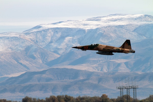 An F-5 Tiger II from the Saints of Fighter Squadron Composite (VFC) 13 takes off from a runway on Naval Air Station Fallon. (U.S. Navy photo by Mass Communication Specialist 1st Class Joseph R. Vincent/Released)