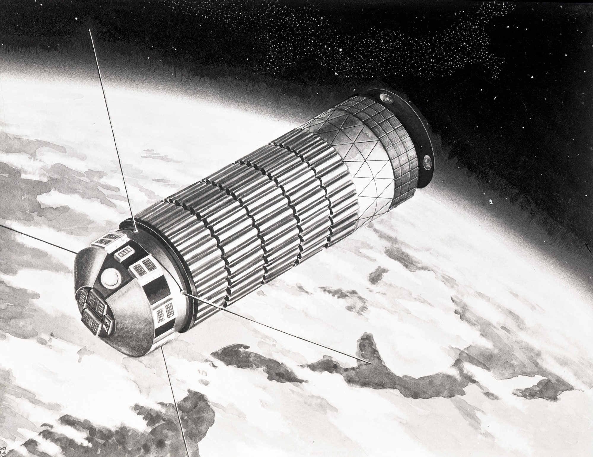 drawing of a cylindrical shaped satellite with 4 antennae sticking out of one end, in orbit positioned over a planet
