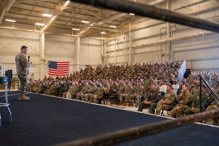 U.S. Air Force Lt. Gen. Thomas Hensley, Commander, 16th Air Force (Air Forces Cyber), listens to a question from an Airman during an all-call at Beale Air Force Base, California, on Feb. 21, 2025.