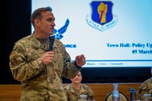 U.S. Air Force Col. Paul Davidson, 35th Fighter Wing commander, talks about new executive orders during a town hall at Misawa Air Base, Japan, March 5, 2025.