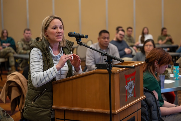 A participant asks a question during a town hall at Misawa Air Base, Japan, March 5, 2025.