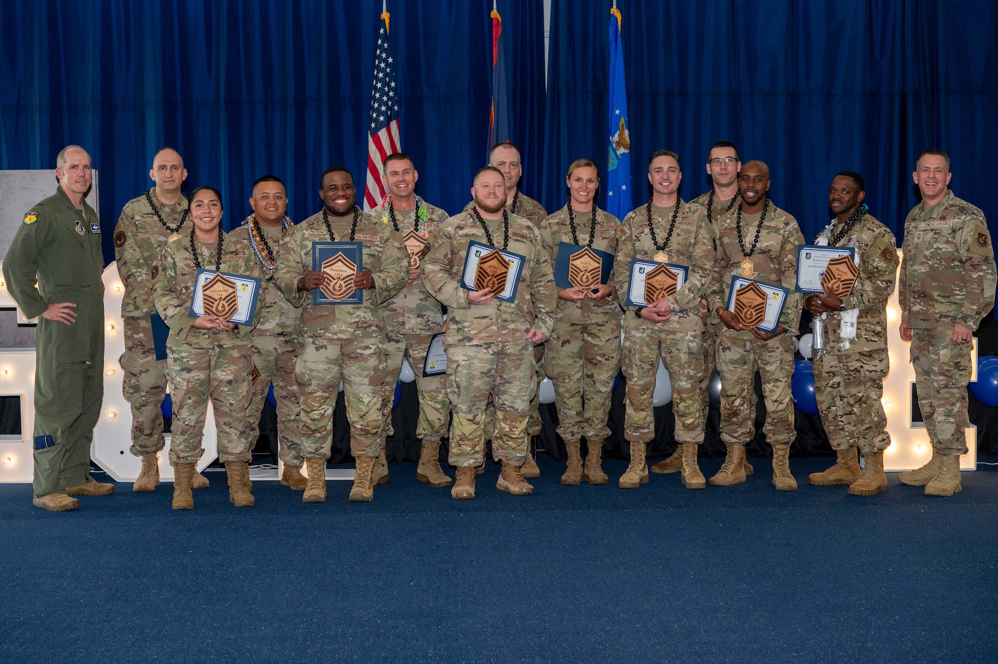 Newly inducted Senior Master Sergeants pose with 36th Wing leadership during the SMSgt Release Party at Andersen Air Force Base, Guam, Feb. 28, 2025. (U.S. Air Force photo by Airman Xavier Romero)