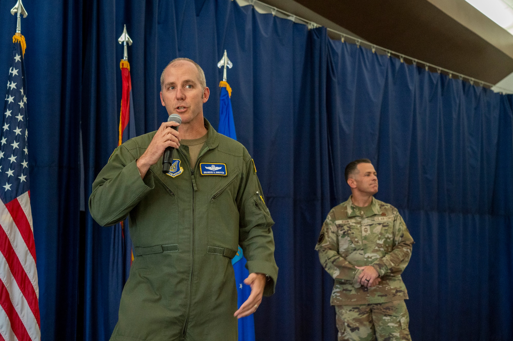 Col. Brandon Shroyer, 36th Wing deputy commander, gives closing remarks during the Senior Master Sergeant Release Party at Andersen Air Force Base, Guam, Feb. 28, 2025. (U.S. Air Force photo by Airman Xavier Romero)