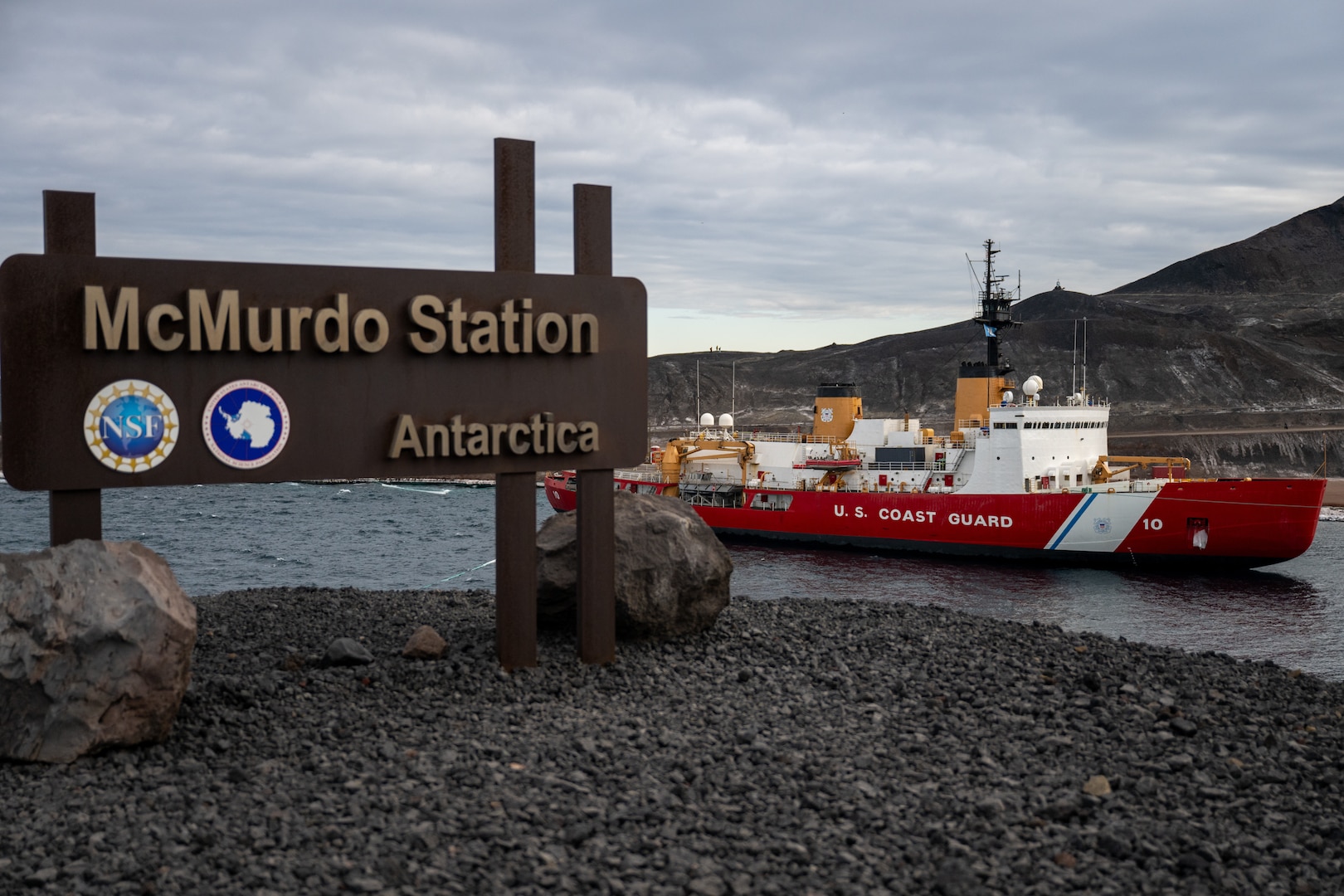 U.S. Coast Guard Cutter Polar Star (WAGB 10) sits moored at the U.S. Antarctic Program’s NSF McMurdo Station in Antarctica during Operation Deep Freeze, Feb. 16, 2025. Operation Deep Freeze is one of many operations in the Indo-Pacific in which the U.S. military promotes security and stability across the region.  (U.S. Coast Guard photo by Petty Officer 2nd Class Briana Carter)