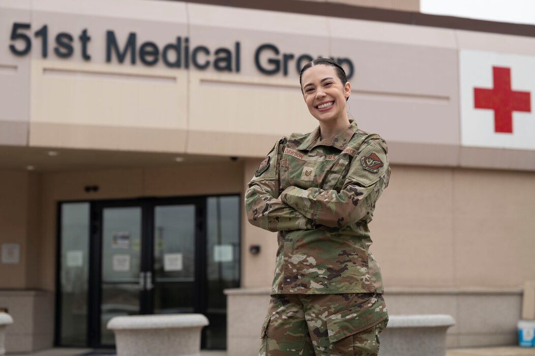 U.S. Air Force Tech. Sgt. Jordan Dawson, 51st Medical Group executive assistant, poses for a photo at Osan Air Base, Republic of Korea, March 5, 2025. Dawson was recognized as Mustang of the Week for quickly raising deployment readiness statistics by 47%. Her expertise allowed her to train Airmen and personnel across the 51st MDG, thus improving the deployment of medical knowledge across the wing. (U.S. Air Force photo by Senior Airman Rome Bowermaster)