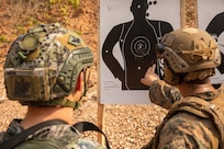 U.S. Marine Corps Cpl. Mario Salas, right, a light armored reconnaissance Marine with 1st Light Armored Reconnaissance Battalion, 1st Marine Division, checks shots from a Republic of Korea Marine Corps service member during a live-fire short bay range at Thai Reconnaissance Battalion, Sattahip, Thailand, Feb. 28, 2025.