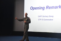 ANDERSEN AIR FORCE BASE, Guam March 3, 2025 – Capt. Zachary "Stanger" Stang, Commodore of Task Force Seven Two, delivers opening remarks during the commencement of Exercise Sea Dragon at Andersen Air Force Base, Guam. Sea Dragon is a U.S.-led, multinational exercise focused on anti-submarine warfare tactics, enhancing interoperability and providing a friendly competition for participating forces. Now in its seventh year, Sea Dragon 25 brings together Maritime Patrol and Reconnaissance Aircraft (MPRA) communities from the Royal Australian Air Force (RAAF), Indian Navy (IN), Japan Maritime Self-Defense Force (JMSDF), Republic of Korea Navy (ROKN), and the United States Navy to address traditional and non-traditional maritime security challenges in the Indo-Pacific region. (U.S. Navy photo by MCC (SW) Matthew R Cole)
