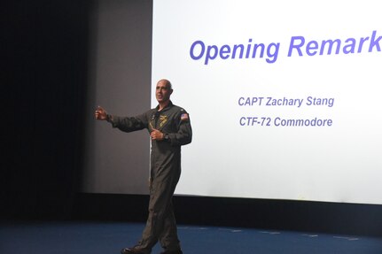 ANDERSEN AIR FORCE BASE, Guam March 3, 2025 – Capt. Zachary "Stanger" Stang, Commodore of Task Force Seven Two, delivers opening remarks during the commencement of Exercise Sea Dragon at Andersen Air Force Base, Guam. Sea Dragon is a U.S.-led, multinational exercise focused on anti-submarine warfare tactics, enhancing interoperability and providing a friendly competition for participating forces. Now in its seventh year, Sea Dragon 25 brings together Maritime Patrol and Reconnaissance Aircraft (MPRA) communities from the Royal Australian Air Force (RAAF), Indian Navy (IN), Japan Maritime Self-Defense Force (JMSDF), Republic of Korea Navy (ROKN), and the United States Navy to address traditional and non-traditional maritime security challenges in the Indo-Pacific region. (U.S. Navy photo by MCC (SW) Matthew R Cole)
