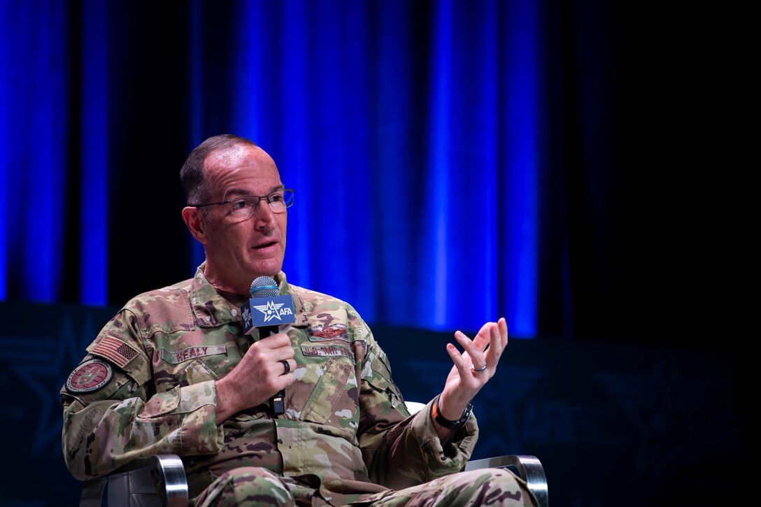 Gen. Johnny Lamontagne, commander of Air Mobility Command, participated in a panel discussing the importance of fueling and sustaining the fight for global power projection with Lt. Gen. John P. Healy, Chief of the Air Force Reserve and Air Force Reserve Command commander, March 5, at the 2025 Air & Space Forces Association Warfare Symposium.